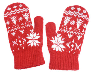 Red wool mittens Christmas winter gloves isolated on white background.