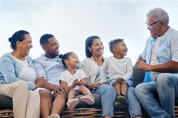 Love, big family and happy kids, parents and grandparents with mom, dad or sibling care, support and smile. Outdoor sofa, mother and relax senior grandma, elderly grandpa and father bonding together