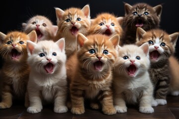 Many cats sit in a row in front, a group of kittens