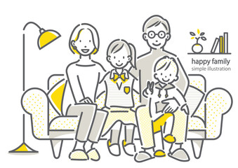 ソファに座る四人家族　シンプルでお洒落な線画イラスト