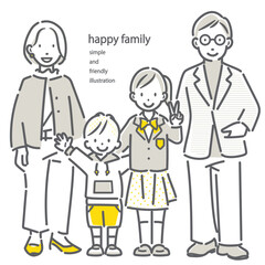 ミドルの夫婦と子供たち　シンプルでお洒落な線画イラスト