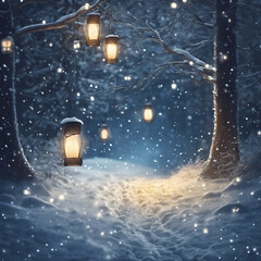 Beautiful winter background detail forest at night with snowfall and snowy ground alround a way illuminated with lanterns, Generative AI