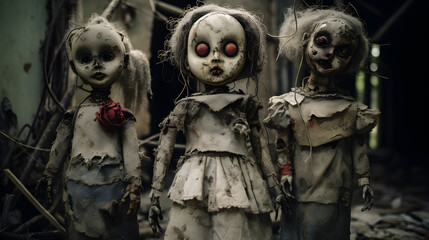 Fototapeta na wymiar Ancient and terrifying dolls scary toys artillustration vector