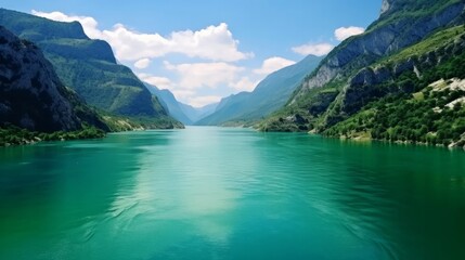 Fototapeta na wymiar Emerald water of Piva lake. Montenegro. Nature travel background