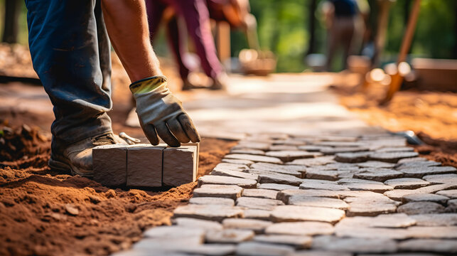 Des ouvriers en train de construire une all&eacute;e en pav&eacute;s.   
