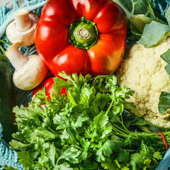 Close up of seasonal vegetables, top view