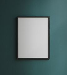 Mockup poster frame close up on dark green wall, 3d render