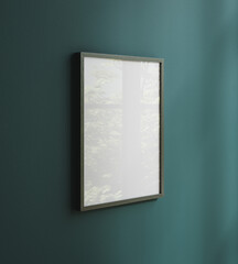 Mockup poster frame close up on dark green wall, 3d render