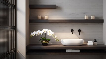 Capture the essence of tranquility! Elevate your brand with stock images of powder rooms featuring slatted wood walls, a square sink adorned with an orchid. - obrazy, fototapety, plakaty