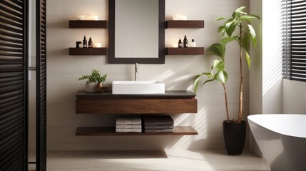 Fototapeta na wymiar Capture the essence of tranquility! Elevate your brand with stock images of powder rooms featuring slatted wood walls, a square sink adorned with an orchid.