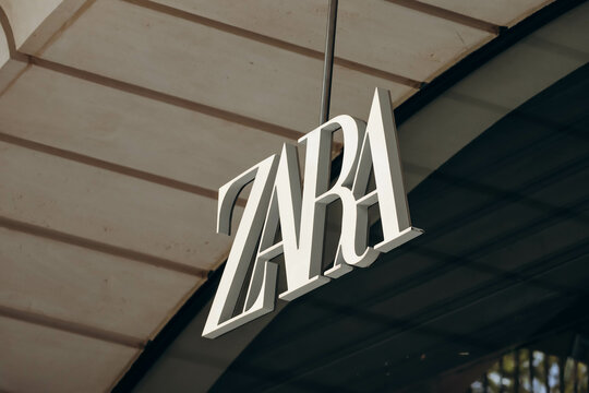 Paris, France - September 24, 2023: Zara store sign on the Champs Elysees in Paris
