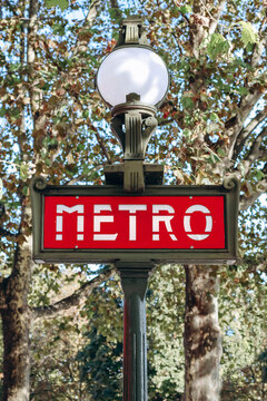 Paris, France - September 24, 2023:  Paris metro sign in the Champs Elysees area