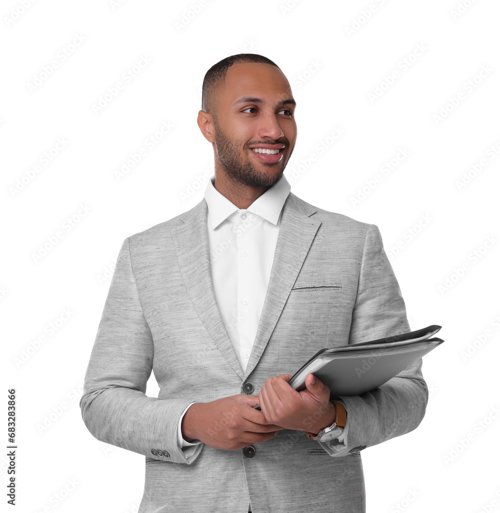 Wall mural Portrait of happy man with folders on white background. Lawyer, businessman, accountant or manager