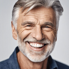 Obraz premium a closeup photo portrait of a handsome old mature man smiling with clean teeth. for a dental ad. guy with fresh stylish hair and beard with strong jawline. isolated on white background. Generative AI 