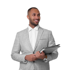 Portrait of happy man with folders on white background. Lawyer, businessman, accountant or manager