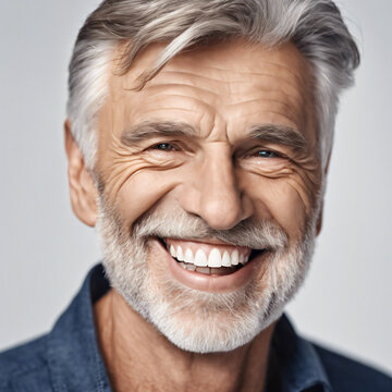 a closeup photo portrait of a handsome old mature man smiling with clean teeth. for a dental ad. guy with fresh stylish hair and beard with strong jawline. isolated on white background. Generative AI 