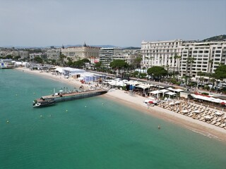 Beach with Event in progress Cannes France drone, aerial - obrazy, fototapety, plakaty