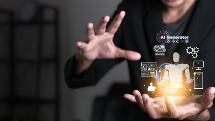 Man Hand hold UI interface AI 2024 technology AR robot robotics application technology for check order in factory warehouse transportation system global connection to logistic import Export appication