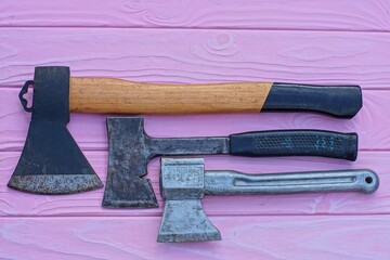 three different iron rusty dangerous original  old sharp hand industrial small hatchets for...