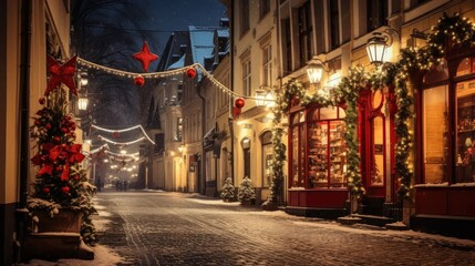 Old Town Christmas Glow: Stock images capture a charming street on Christmas night in an old European town