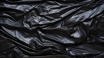 Black wrinkled plastic wrap texture. Crumpled dark thin plastic background. Generative AI