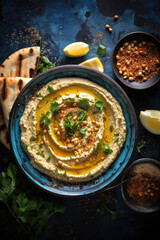 Homemade hummus dip in a rustic ceramic bow.