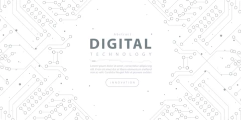 Fotobehang Abstract digital technology hi tech futuristic grey white background, cyber information communication, innovation future tech data, internet network connection, Ai big data lines dots, circuit vector © PST Vector