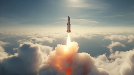 Rocket flies through the clouds - obrazy, fototapety, plakaty
