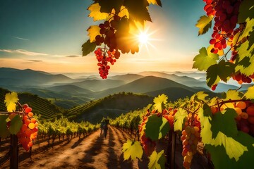 A Majestic Tapestry Unfolding Atop Mountain Heights, Where Luscious Grapes Bask in Radiant...