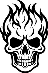 Burning skull head silhouette in black color. Vector template for tattoo or laser cutting.