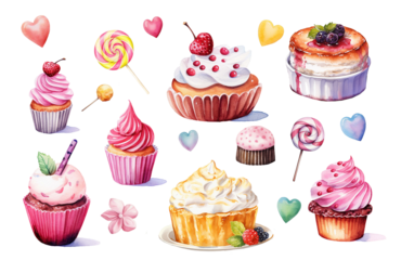 Hand drawn watercolor pink cupcake design, wallpaper, wrapping paper, sweets, gift boxes. Elements isolated on white background.