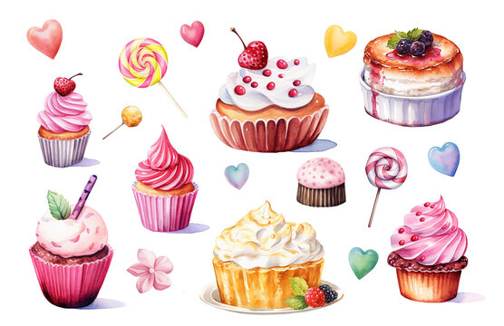 Hand drawn watercolor pink cupcake design, wallpaper, wrapping paper, sweets, gift boxes. Elements isolated on white background.