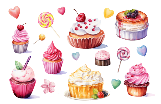 Hand drawn watercolor pink cupcake design, wallpaper, wrapping paper, sweets, gift boxes. Elements isolated on white background.