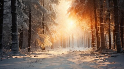 Snowfall in coniferous winter frosty forest close up, morning sun rays breaking through trees, close up spruce branches under snow - obrazy, fototapety, plakaty