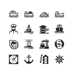 Seaport icons set. Port for ships, maritime industry, seafaring. Boat, passenger liner, crossing, yacht, cargo ship. Black and white style - obrazy, fototapety, plakaty