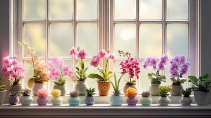Fototapeta premium Windowsill Botanical Haven: Stock images showcase blooming Saintpaulias on a light windowsill, a collection for indoor gardening enthusiasts.