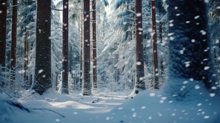 Snowfall in winter beautiful coniferous forest close up at day, branches under snow