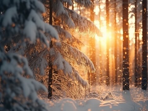 Snowfall in winter beautiful coniferous forest close up, at sundown, branches under snow © shooreeq