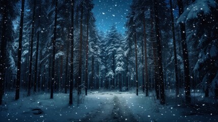 Snowfall in winter beautiful coniferous forest close up at night fairytale atmosphere