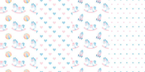 Collection of children's seamless patterns from rocking horse, toys, hearts, stripes and dots. Pastel background for children. Vector