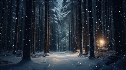 Snowfall in winter beautiful coniferous forest close up at night fairytale atmosphere - obrazy, fototapety, plakaty