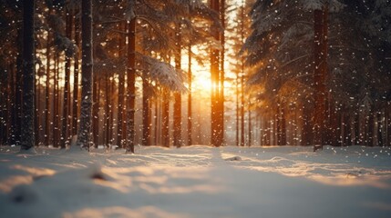 Snowfall in winter beautiful coniferous forest close up, at sundown, branches under snow