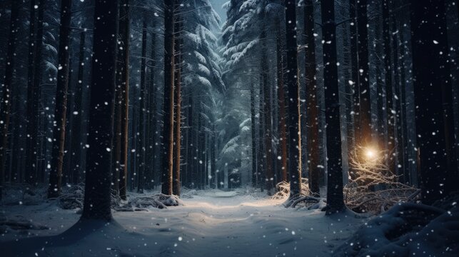 Snowfall in winter beautiful coniferous forest close up at night fairytale atmosphere