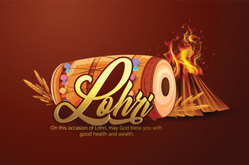Lohri Punjabi festival of Lohri celebration bonfire, with decorated drum and background. - obrazy, fototapety, plakaty
