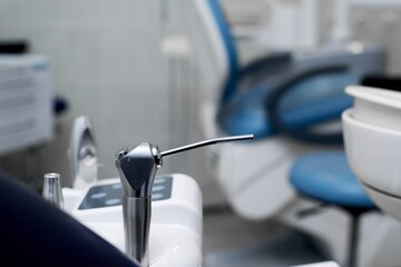 Banner dentists room office. Closeup different dental instruments - obrazy, fototapety, plakaty