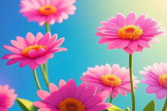 Colorful spring flowers with blue sky in the background.