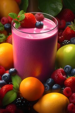 Fruit smoothie in a glass with fruits and berries on the background.