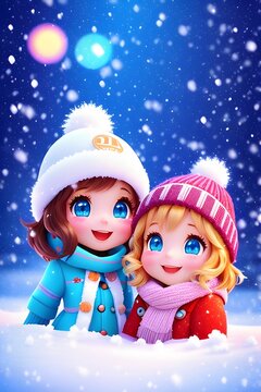 Two cheerful girls in winter enjoing the snow.