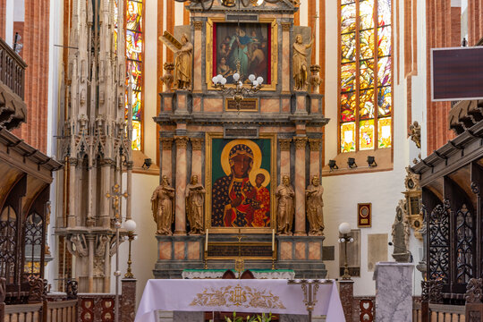Czestochowa, Poland - July 20, 2023: Black Madonna painting in Jasna Gora monastery and church. Polish Catholic pilgrimage site in Czestochowa in Poland.