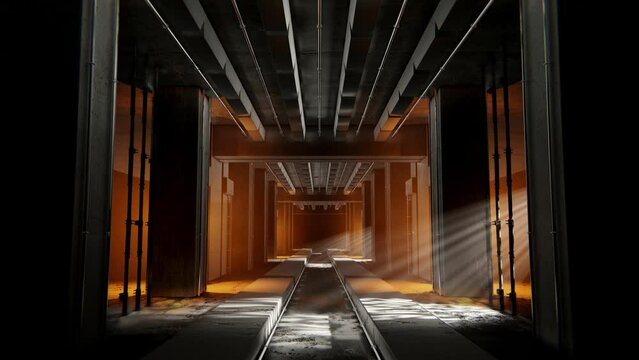 Indoor warehouse, concrete poles, metal tubes and light play. Seamless VJ Loop of underground abstract hall.